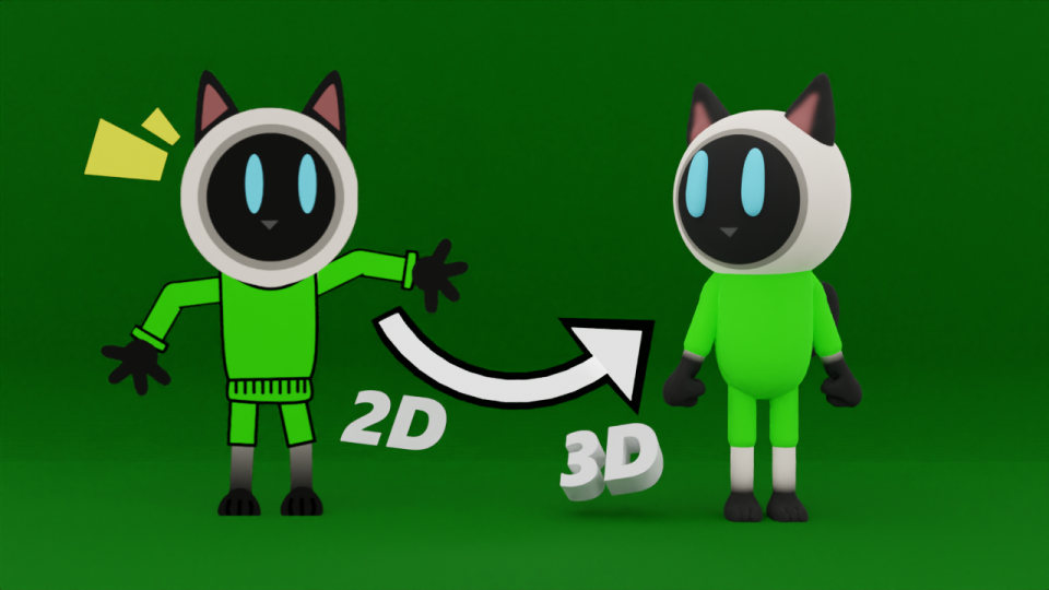 A picture showing 2D Cosmo next to a 3D version of him. This was a demonstration of my Blender skills.