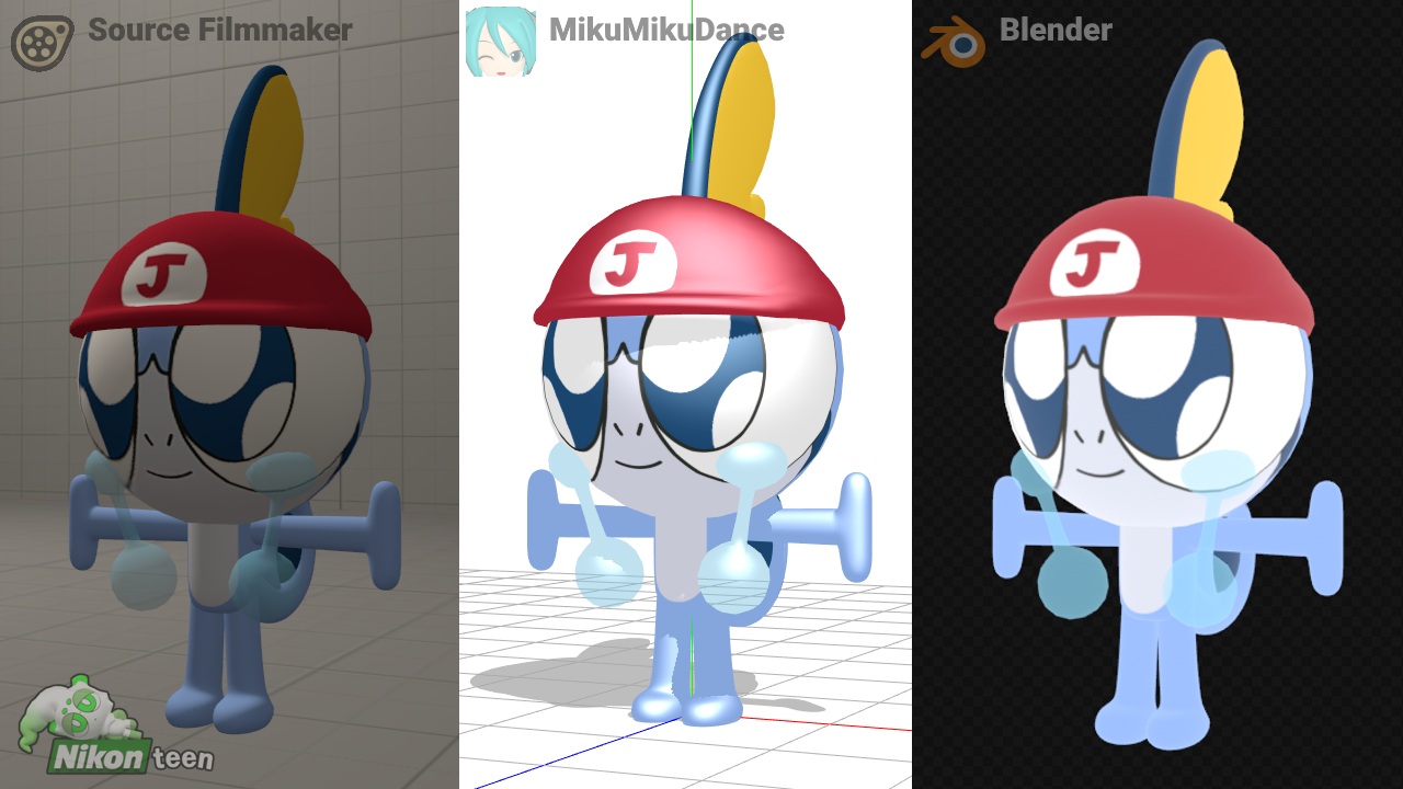 3 screenshots from different programs, Source Filmmaker, MikuMikuDance and Blender all showing 3D models of Josh