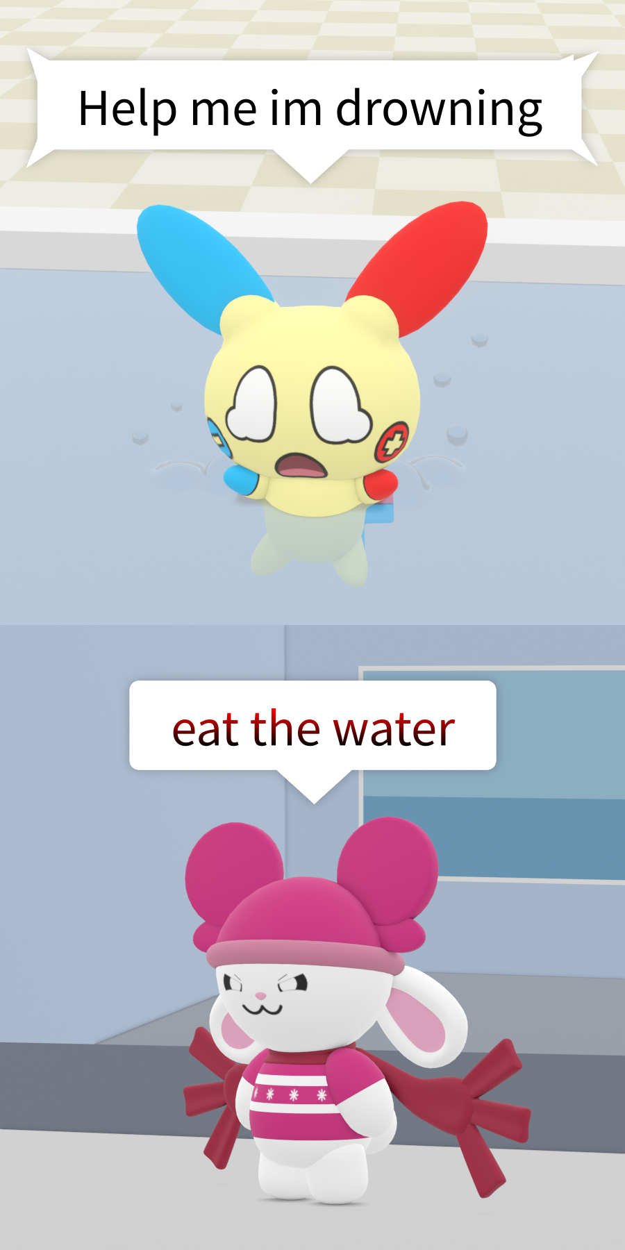 Magnitchi is drowning in the water with Snowscarf telling him to "eat the water". This is a 3D recreation of a collab between Kirbyzaz and Snowby3D.
