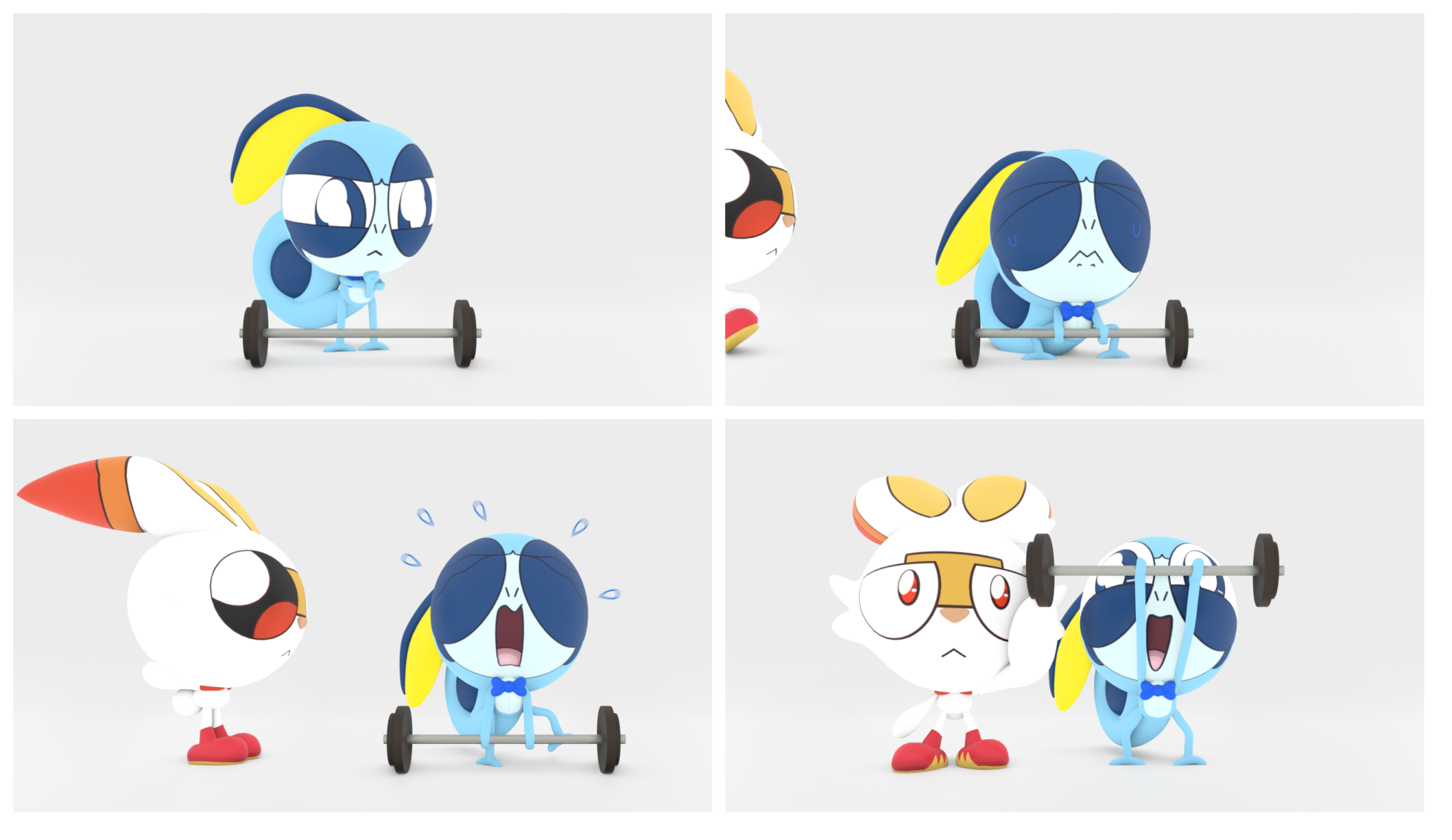 A 3D recreation of one of LittleSobBlue's comics, featuring James who struggles to carry a dumbbell with Jordan helping him.