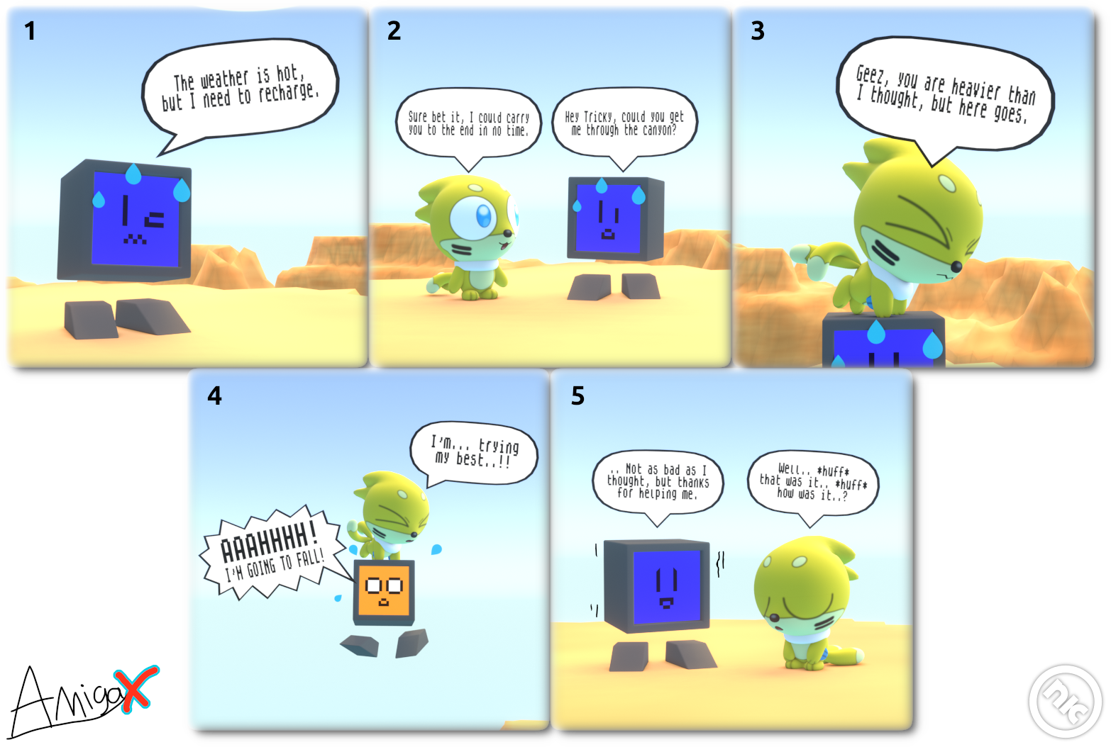A comic of Tricky carrying Roboto through the desert landscape. For AmigaX
