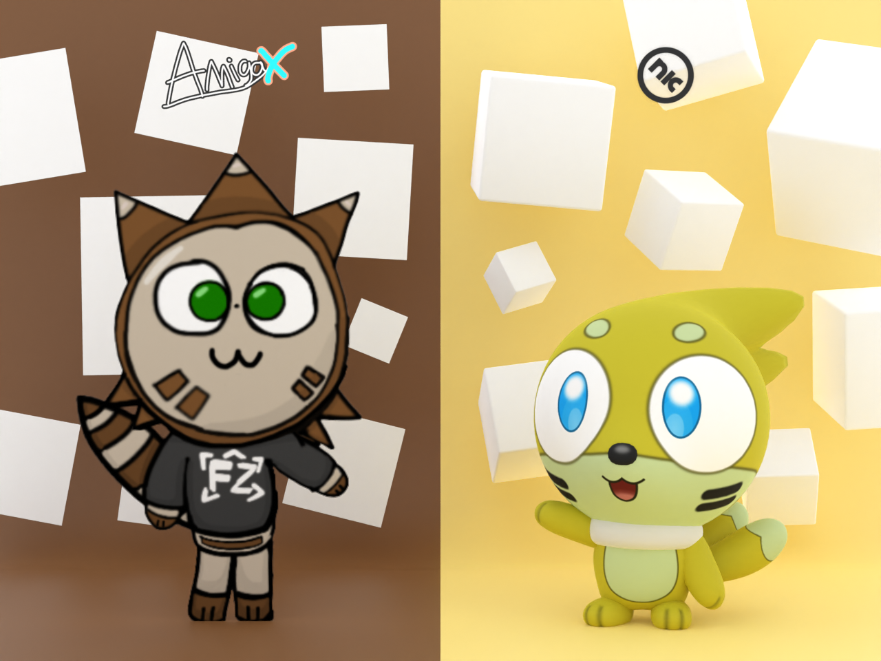 To the left is a 2D drawing of Feizoy in a 3D scene, and to the right is Tricky. Made in collaboration with AmigaX
