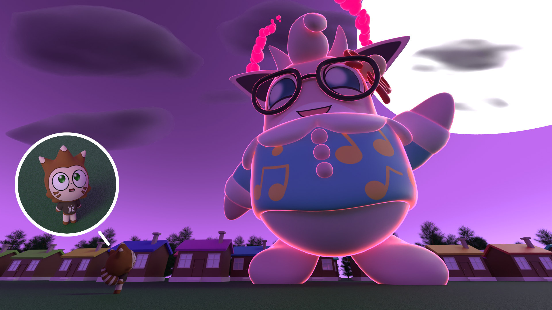 Gigantamax Etoile is staring down into Feizoy who is in shock. For PuffCharrBerry