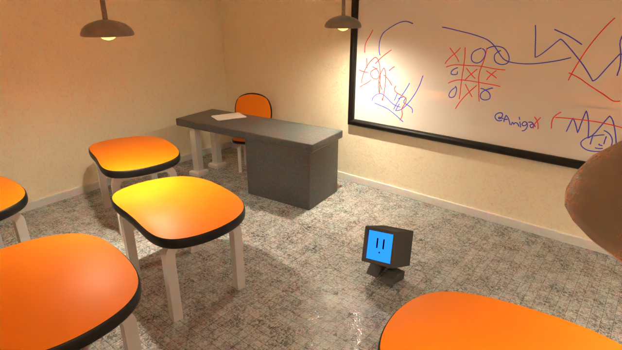 Roboto is exploring an abandoned classroom with some doodles on the whiteboard. For AmigaX