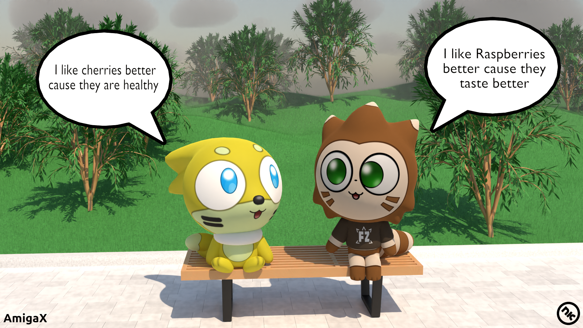 Tricky (to the left) and Feizoy (to the right) are sitting on a bench, having a conversation about the food they eat. For AmigaX.