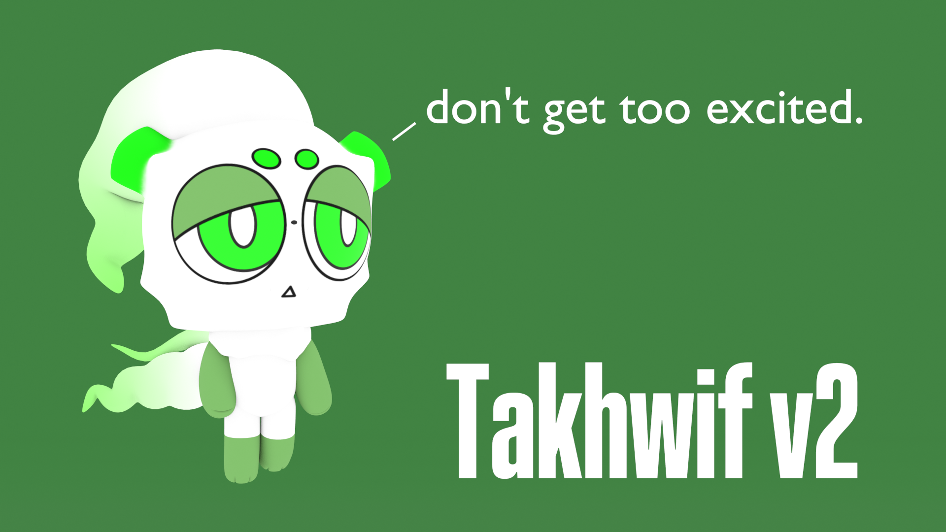 A simple 3D render of Takhwif version 2, showing off his new look with an updated face and smoother trails.