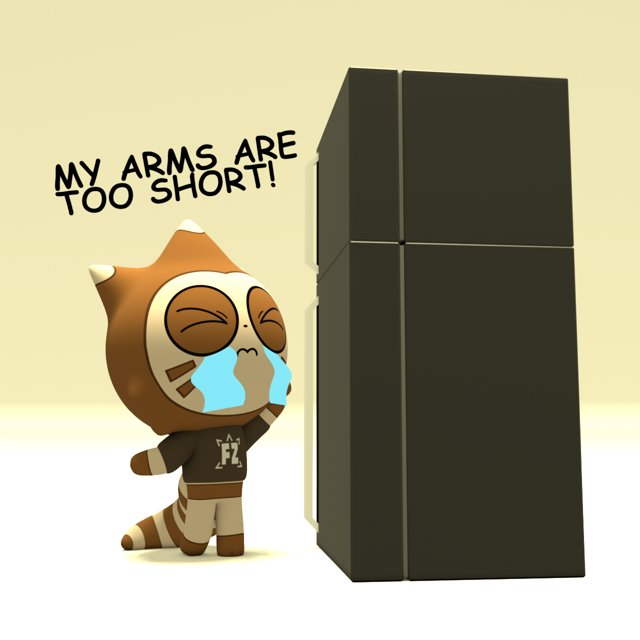Feizoy's arms are too short to reach the handle of the fridge.