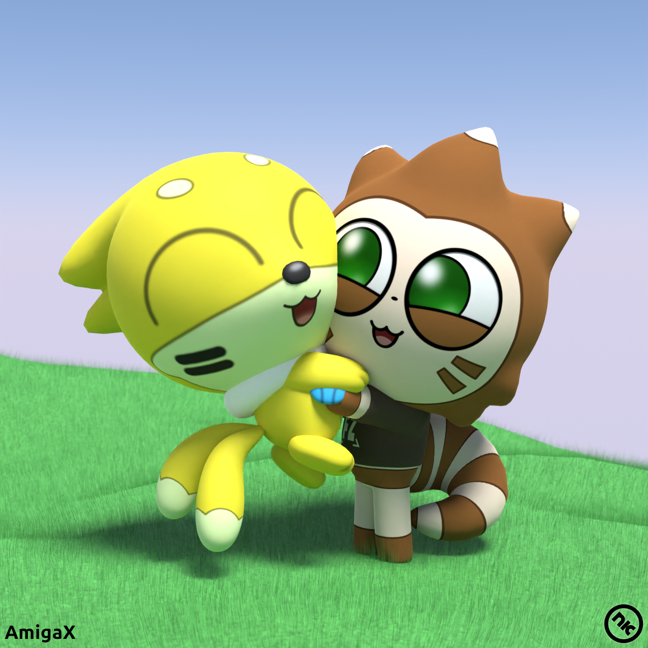 Feizoy (to the right) is giving Tricky a big hug. For AmigaX