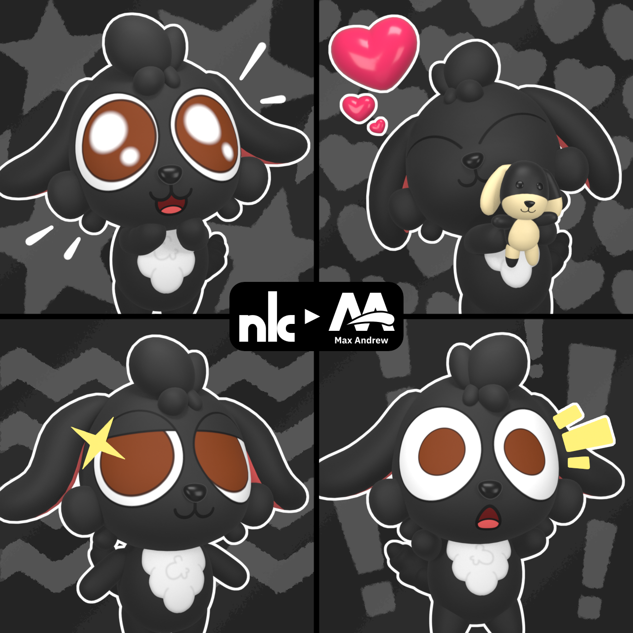 A gallery of 4 pictures featuring Stevie the autistic dog, and the Dermot plushie. Characters originally created by Max Andrew.