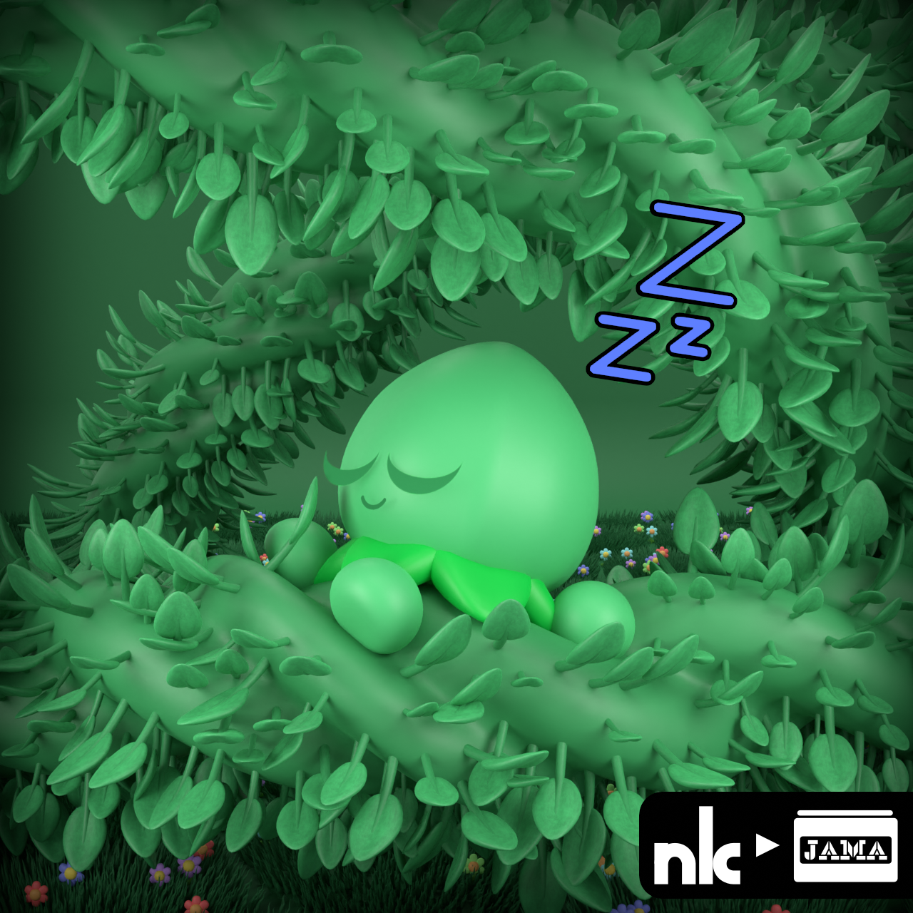 Bud, which is an Objie character ( Objies originally created by kirbyzaz ) is sleeping on a beanstalk while surrounded by other beanstalks.