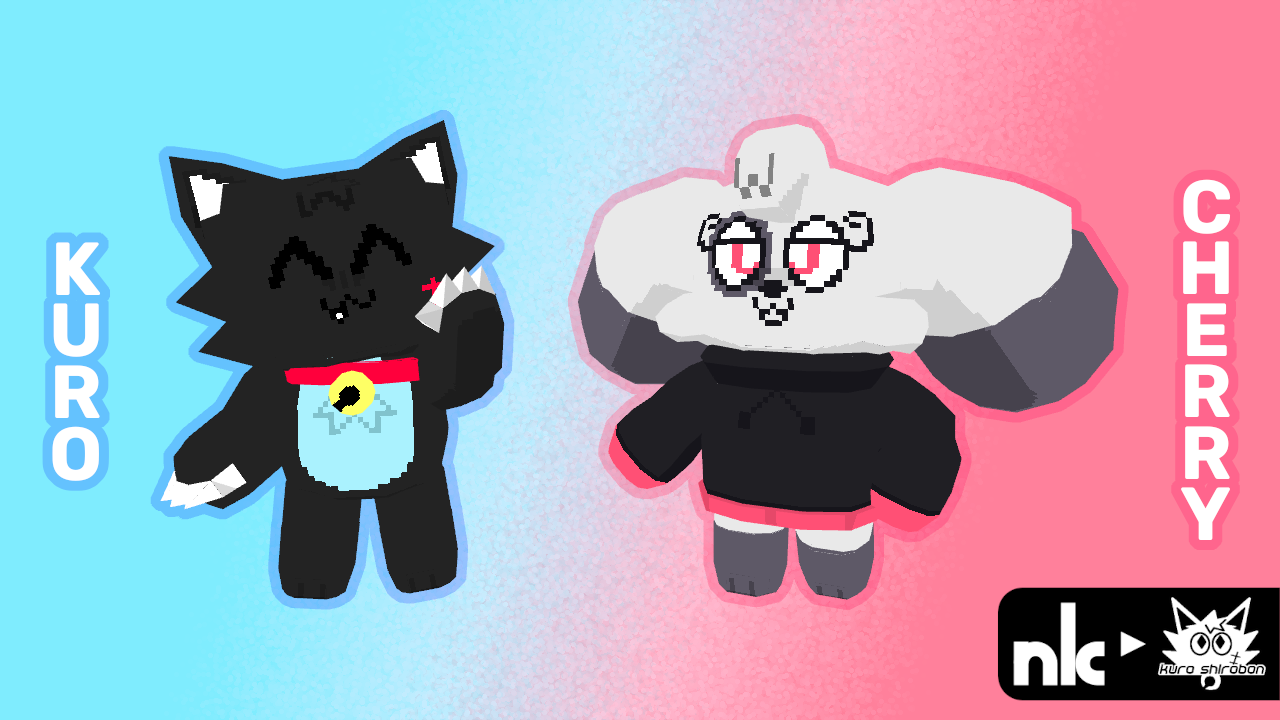 Low-poly 3D models of a cat character (Kuro) on the left, and a dog character (Cherry) on the right. These characters were created by Kuro Shirobon. Created with Blockbench.