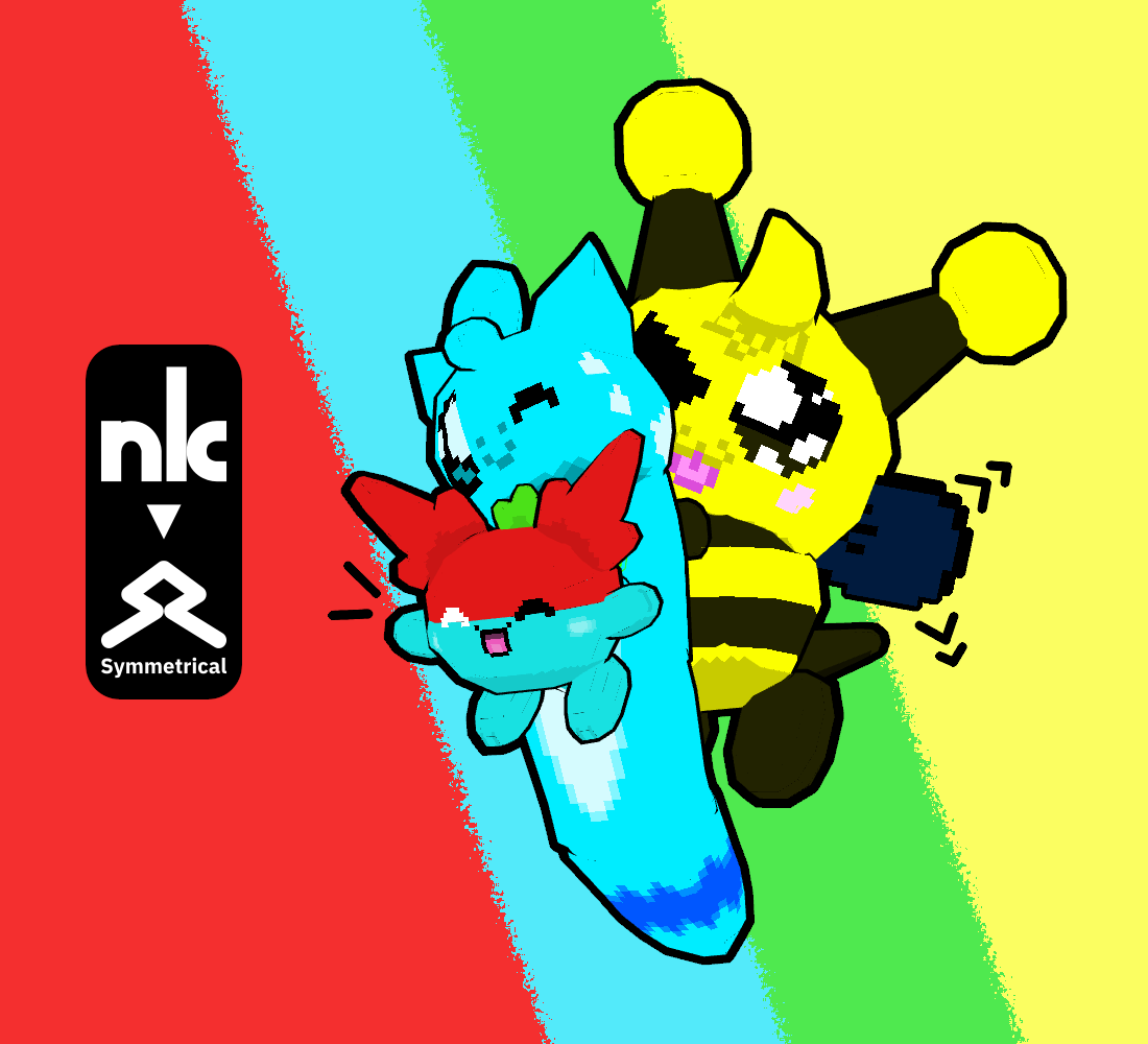 Billibee is carrying Cysl, who is also carrying Symmetrical. Featured characters were created by Symmetricalfinity. Created using Blockbench.